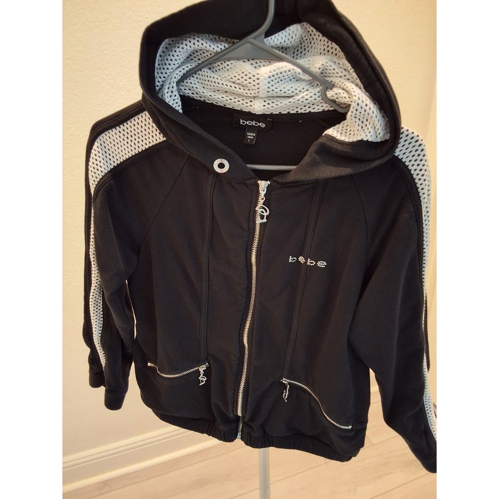 Bebe Short Zip Up Hoodie Y2K Style Womens L Black White Stripe Rhinestone Logo